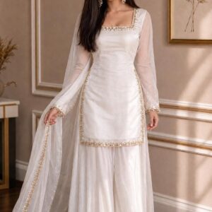 White Punjabi Suit for Women, Silk Sharara Set, Pakistani Suit