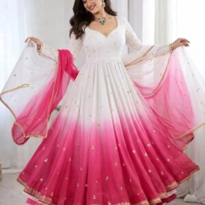 White Pink Ombre Anarkali Suit Set | Hand Dyed Georgette Dress with Dupatta