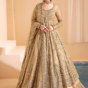 Royal Golden Bridal Lehenga Frock and Dupatta Dress