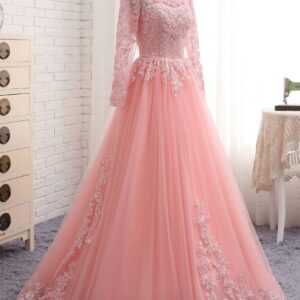 A-Line Pink Tulle Lace Appliques Long Sleeve Prom Dress