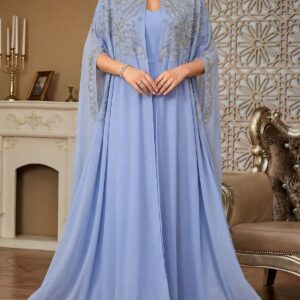 Women's Heavily Embroidered, Floral Embroidered, Elegant Stand Collar 2 Pieces Arabic Style Dress