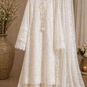 Elegant Cream Embroidered Dress with Dupatta